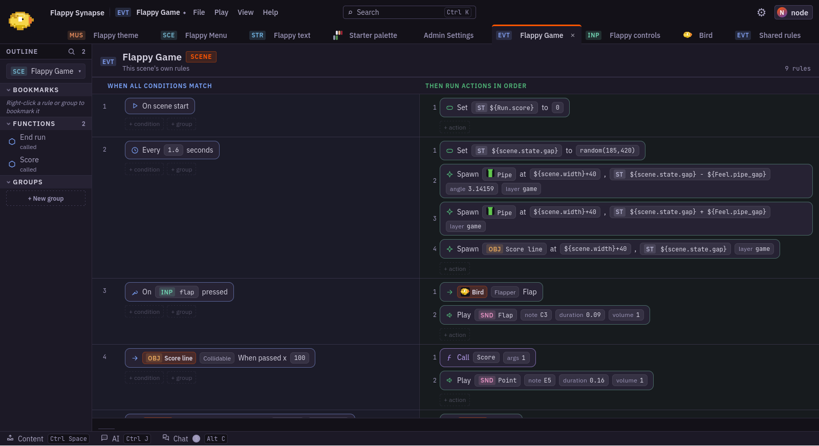 An event sheet in the editor: numbered rules with conditions such as On scene start and Every 1.6 seconds on the left, and actions such as Spawn Pipe and Play Flap on the right.