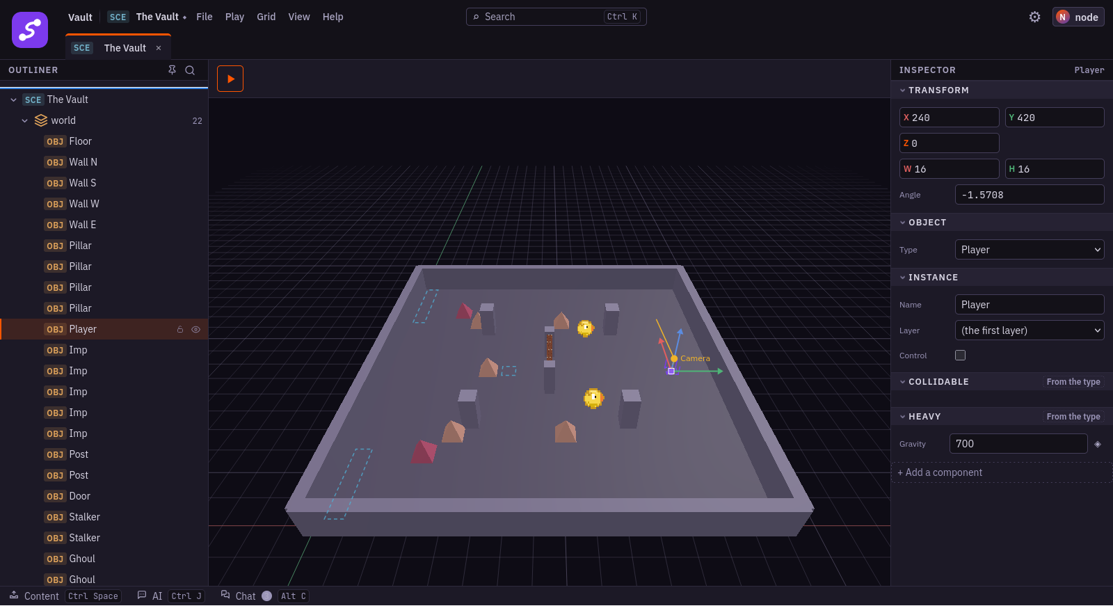 The Vault open in the scene editor: a list of the scene's objects on the left, a 3D room with walls, pillars and enemies in the middle, and the selected player's transform and components on the right.